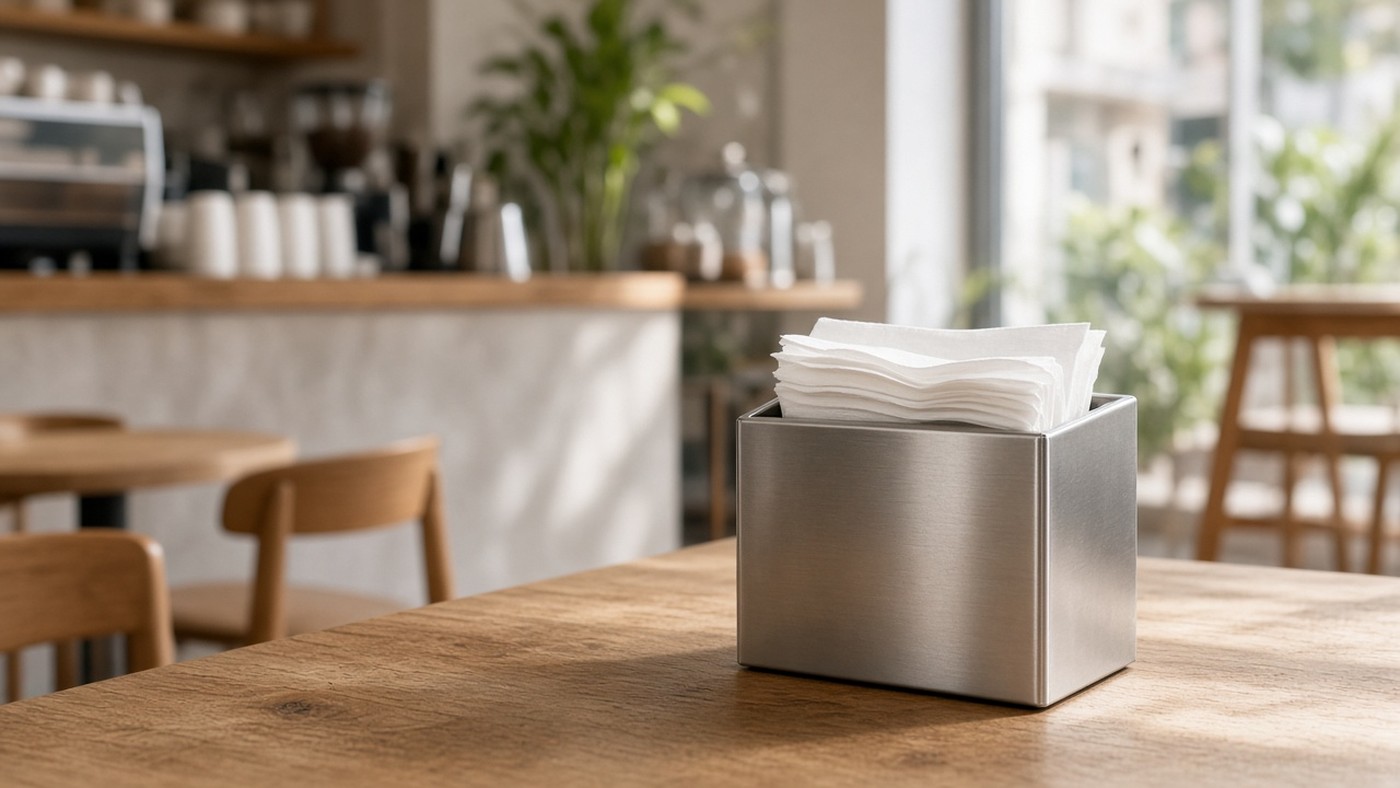 Cafe counter with a napkin dispenser and tables